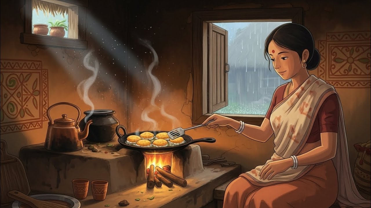 Morning to night bihar Rain village life with pakoda  ll studio Ghibli style ll village Ghibli 