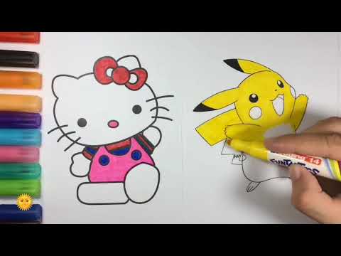 Kn cheno tô màu hello kitty và pikachu Hình vẽ cho bé tập tô | Foci