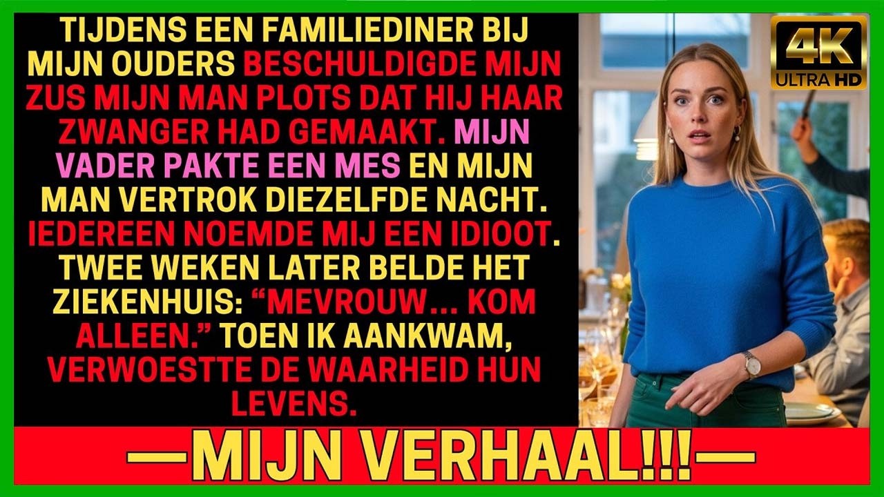 Mijn zusje legde haar vork neer midden aan tafel, keek mijn man recht aan en zei: "Ik ben zwanger en de vader is Joris." Iedereen verstijfde. Mijn vader greep het keukenmes. Joris stond op en liep...