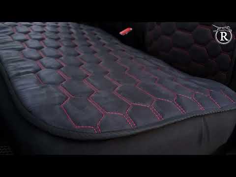 Преміум накидки на задні сидіння RINNEKO Чорна Алькантара строчка червона дизайн Соти 3 шт, видео 1