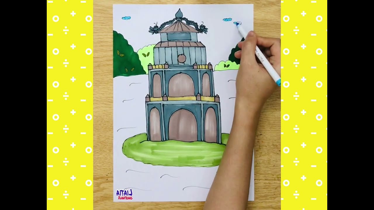 Vẽ Hồ Gươm  Tháp Rùa bằng màu sáp đơn giản  YouTube