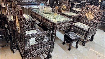 ghế vách gỗ cẩm lai khảm ốc đỏ, tủ thờ 13 trám, trường ngũ sơn vai quấn khảm ốc.