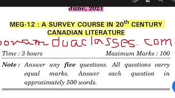 IGNOU MEG-12 - A Survey Course In 20th Century Canadian Literature Question Paper June 2021