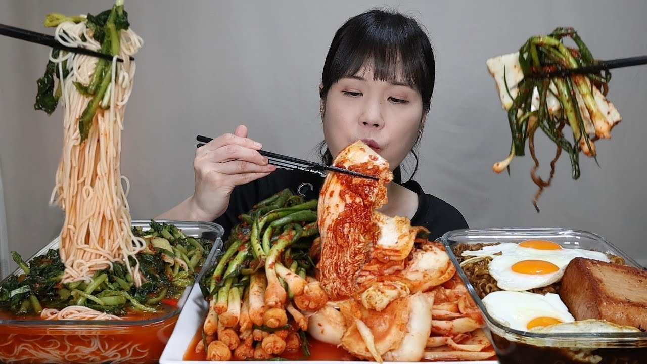 Кимчи, Фогги кимчи, зеленый лук кимчи, острый кимчи, мукбанг.