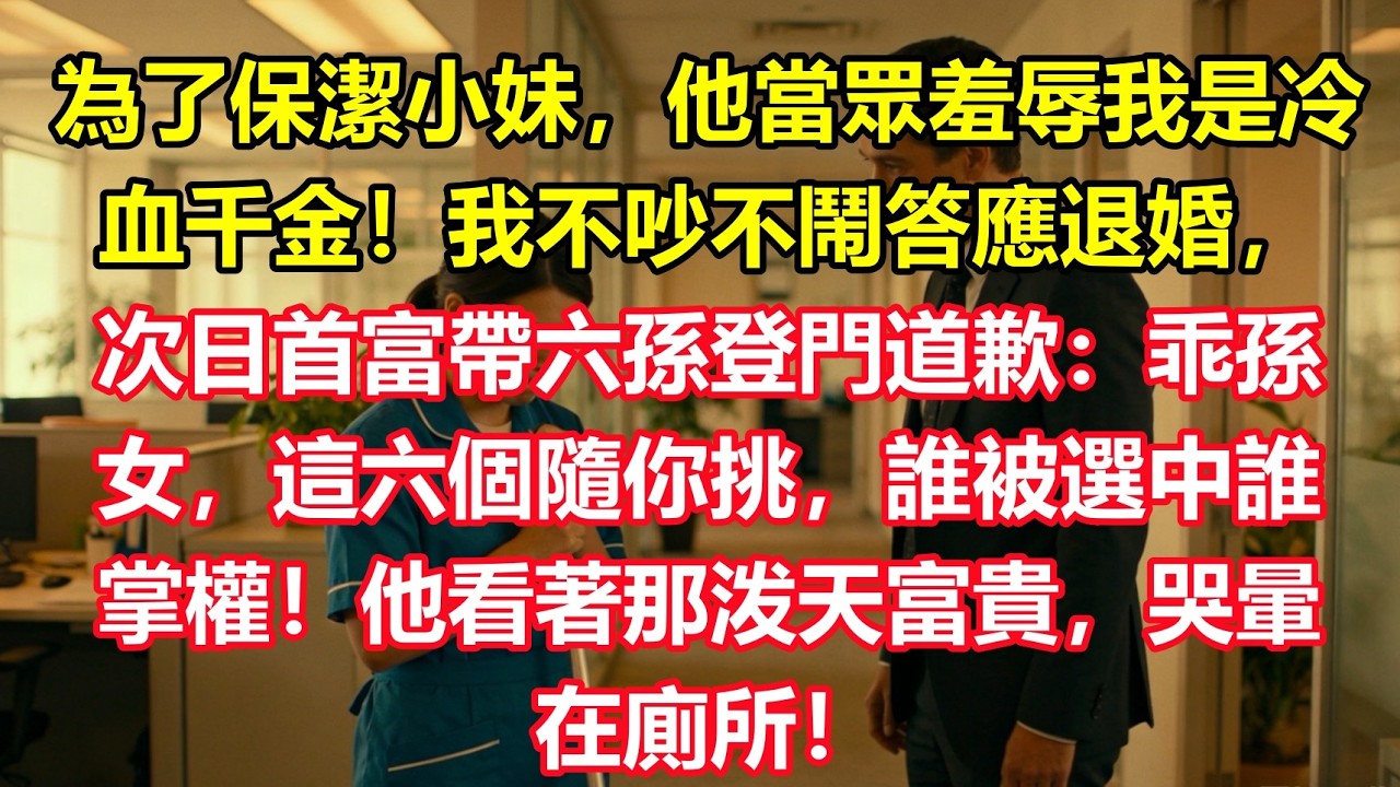 為了保潔小妹，他當眾羞辱我是冷血千金！我不吵不鬧答應退婚，次日首富帶六孫登門道歉：乖孫女，這六個隨你挑，誰被選中誰掌權！他看著那泼天富貴，哭暈在廁所！#故事