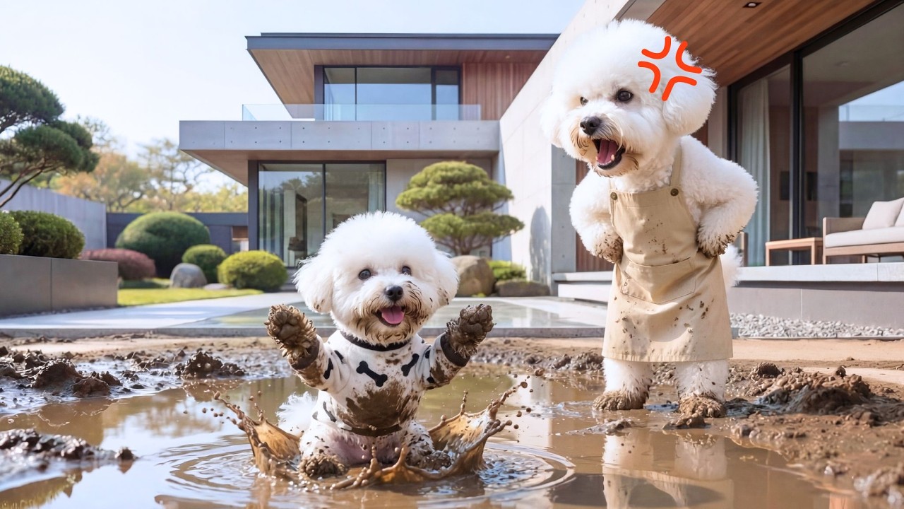 Baby Puppy Play In The Mud On Rainy Day 🐶🌧️, Mom Dog Has To Work Hard To Clean It Up