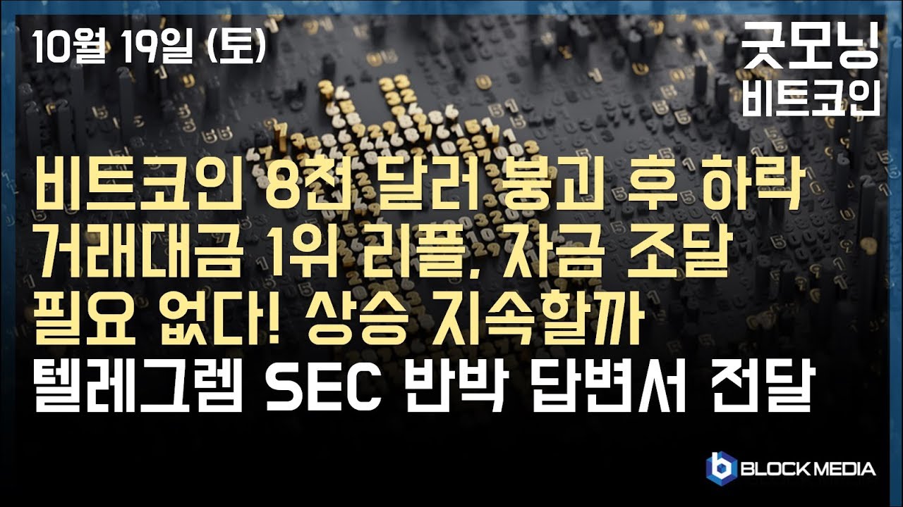 [굿모닝 비트코인] 1019 비트코인 8천 달러 붕괴되며 시장 하락세.. 거래대금 1위 차지한 리플, 상승 메리트는? 텔레그렘, SEC  긴급 조치 반박하는 답변서 전달