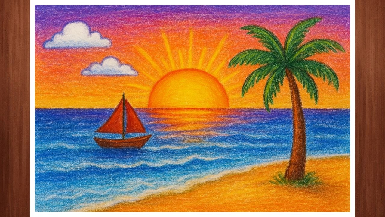 How to Draw Beach Scenery Step by Step | Easy and Beautiful Sunset ...