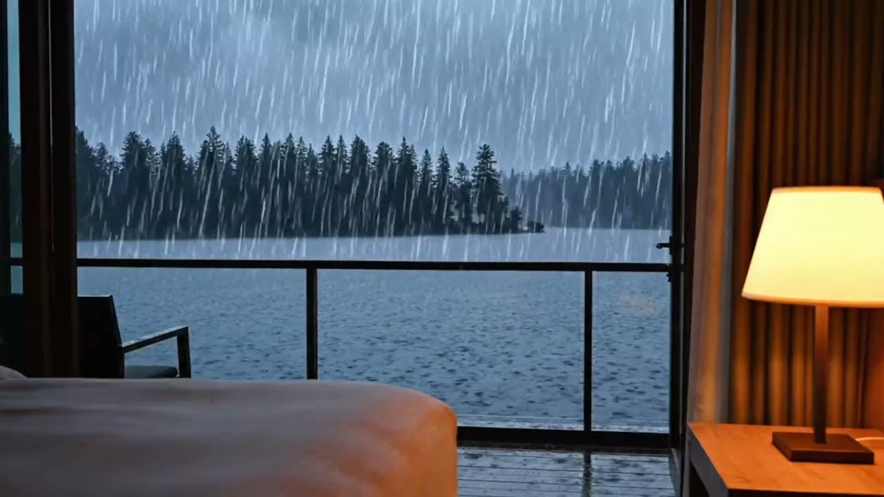 Rainy Lake Cabin Ambience at Night with Soft Lamp Glow for Deep Sleep & Relaxation (10 Hours)