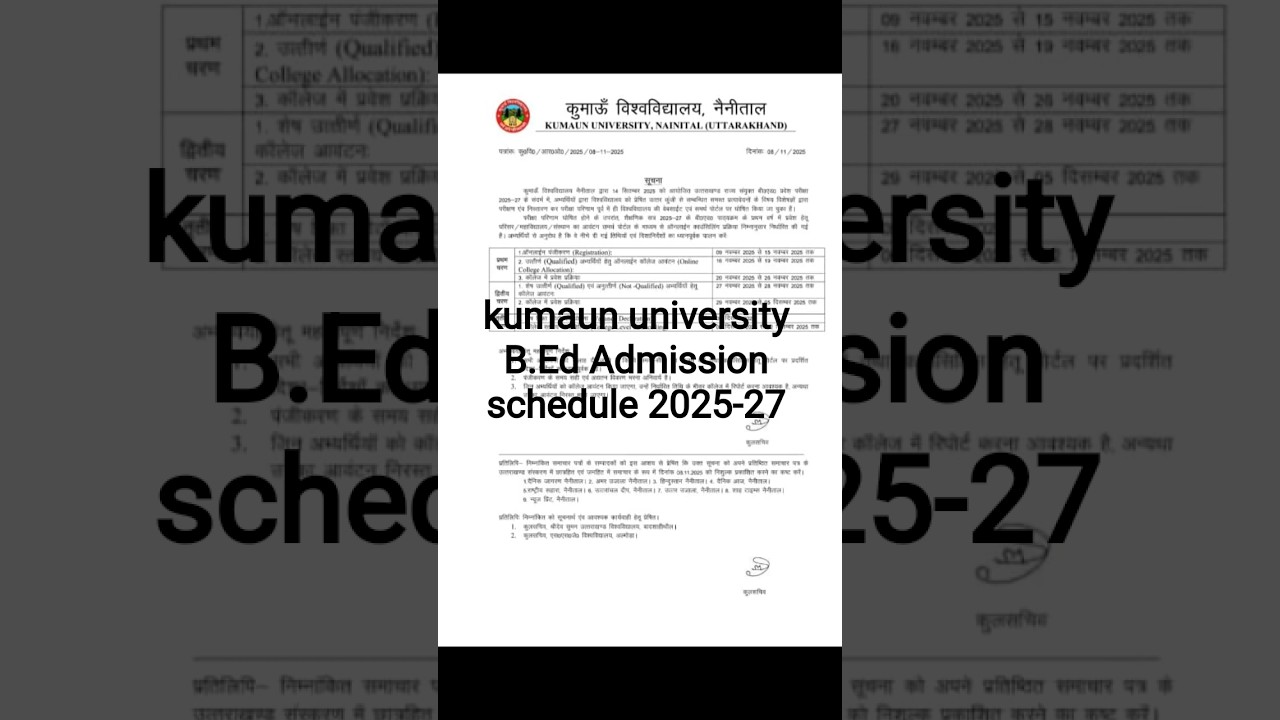 kumaun university B.Ed Admission schedule 2025-27 
