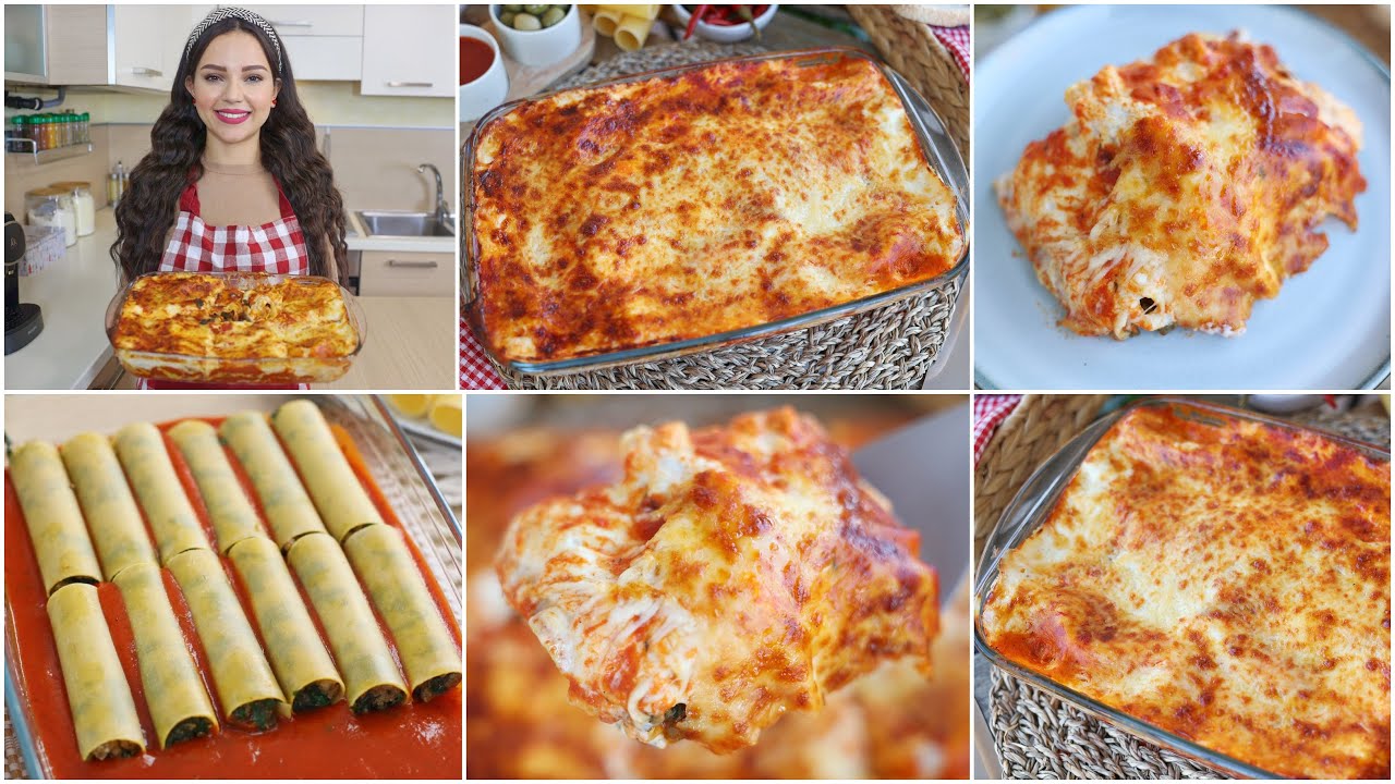 مقرونة كانيلوني محشية باللحم المفروم والسبانخ بصلصة الطماطم والبشاميل أبن وجبة تعملوها على السريع❤️