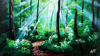 Radiant Light in The Forest 🌟🎨 How to paint acrylics for beginners: Paint Night at Home