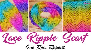 Crochet  Lace Ripple Scarf  ONE ROW REPEAT! One ball/skein project!