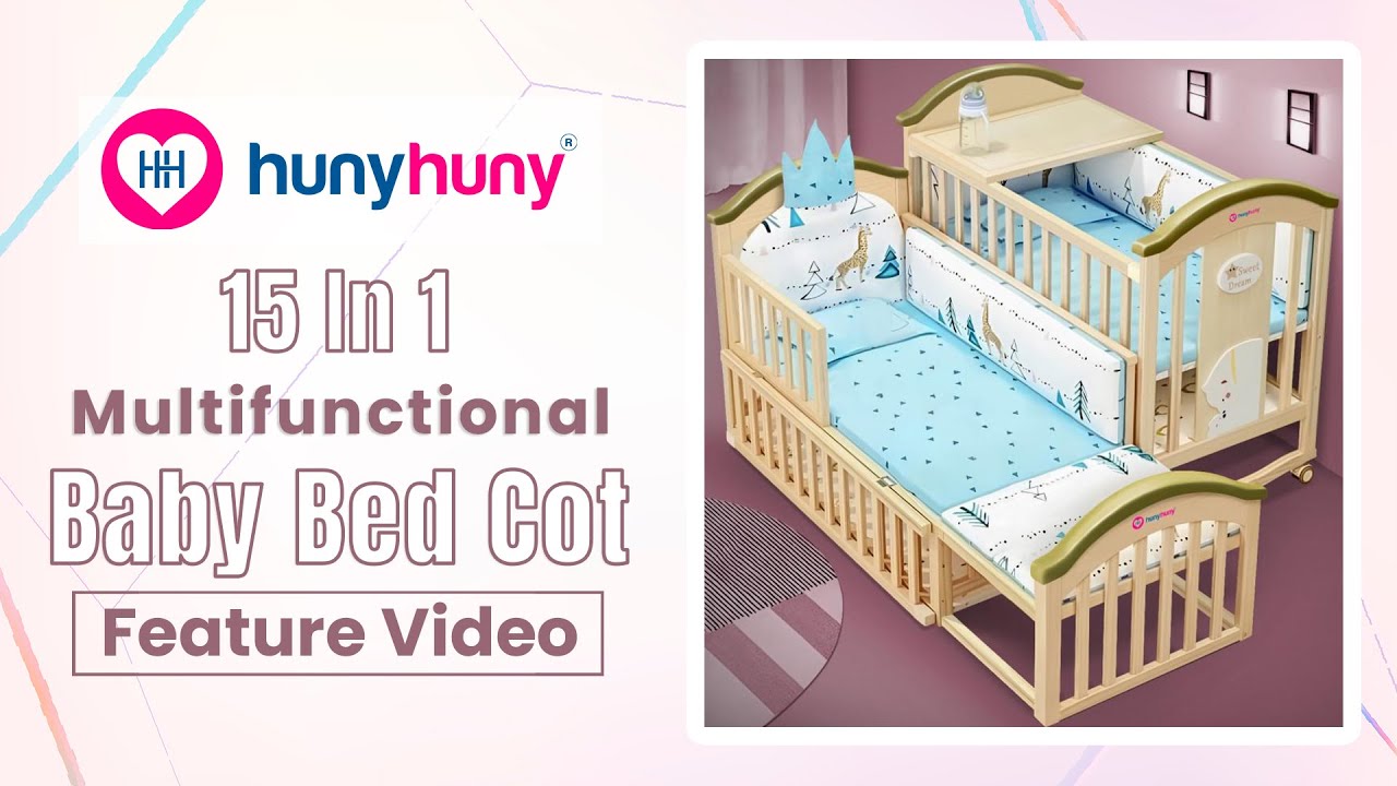 HunyHuny 15-in-1 Multifunctional Wooden Baby Bed Cot Feature Video
