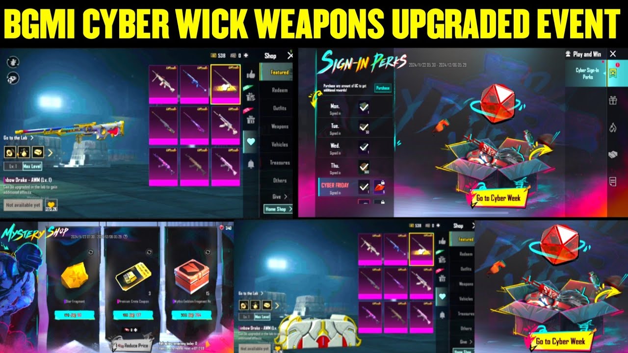 😍 Bgmi Upcoming Cyber wick Weapons | Upgraded Skins Weekly | 600 UC Voucher Use This Best Event Here