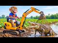Monkey Farmer Drives JCB Excavator to Rescue Fish – CROCODILE ATTACKS in CHAOTIC Fields!
