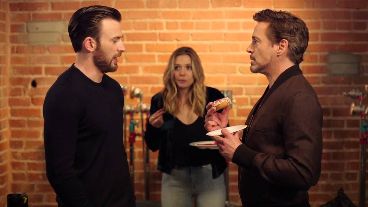 Chris Evans Robert Downey Jr  Elizabeth Olsen   Tony Steals The Last Donut