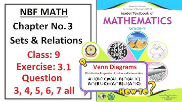 Math Class 9 (NBF) Exercise 3.1 Questions 3, 4, 5, 6, 7 (Venn diagram)  -   Full solution – (FBISE)