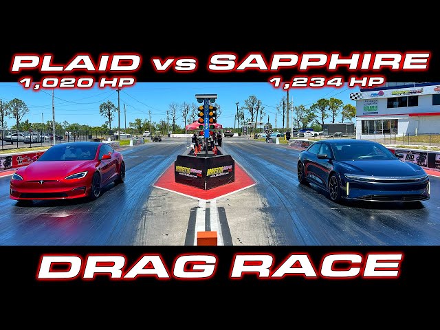 Lucid Sapphire Dethrones Tesla Plaid as World's Quickest Production Sedan * 1/4 Mile Drag Race class=