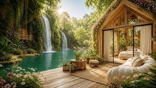 Glass Cabin Near Forest Waterfall | Calming Waterfall & Chirping Birds Ambience