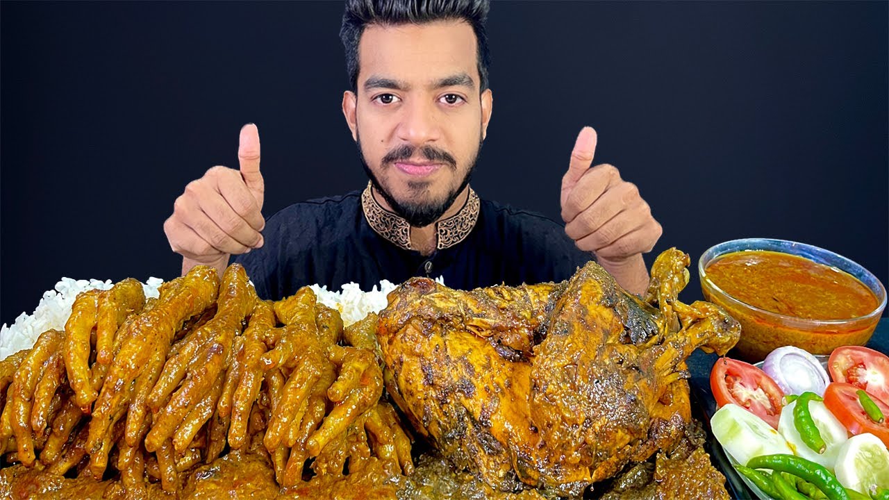 SPICY WHOLE CHICKEN CURRY, HUGE SPICY CHICKEN FEET CURRY EATING SHOW CHICKEN LEG PIECE ASMR