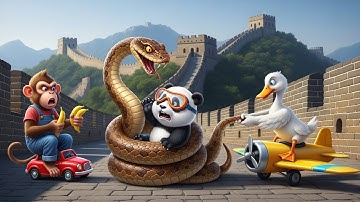 🐵🦆 Monkey & Duck Save Panda from Giant Snake Attack on the Great Wall of China 🐍