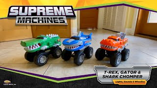 Supreme Machines' T-Rex, Gator, & Shark Chompers: Battery Operated Lights Sounds & Wheelies!