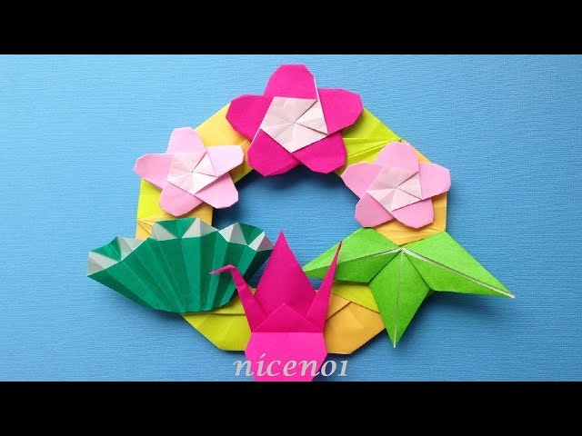 梅子　お正月リース3点 折り紙 お正月飾り】 しめ縄 梅の花リース 折り方 Origami