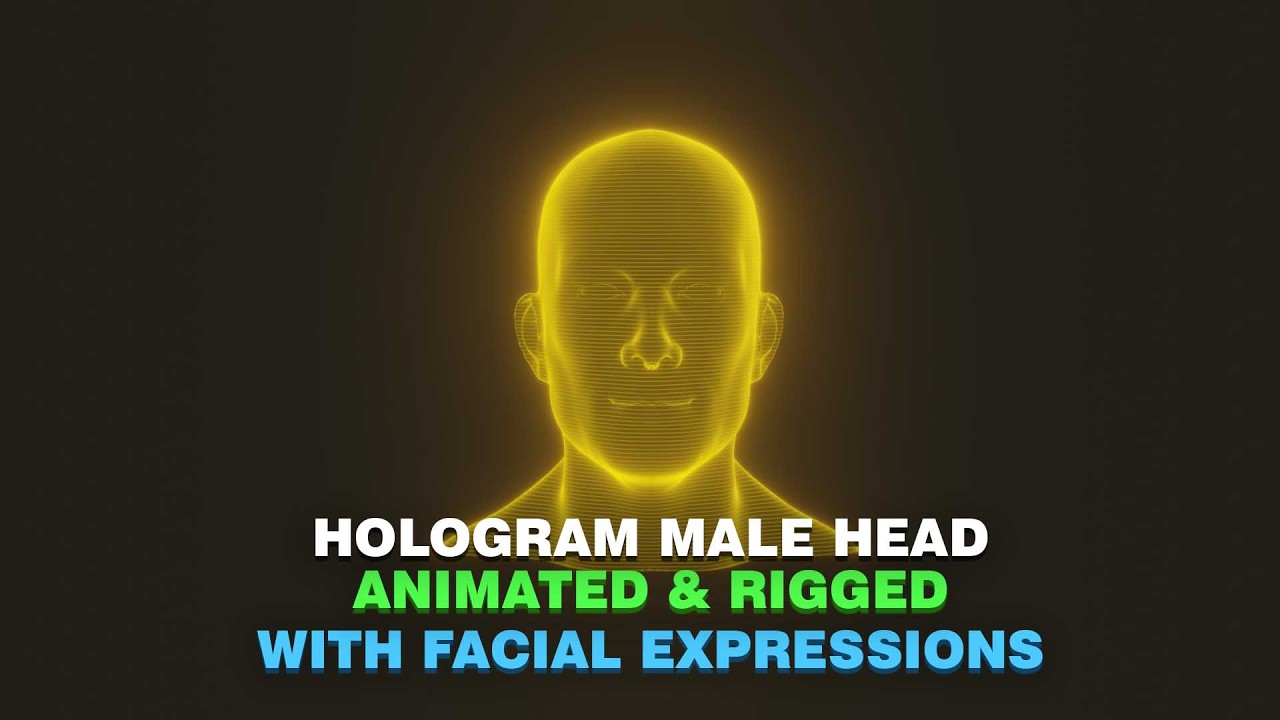 Yellow Hologram Male Head 3D Model Animated with Facial