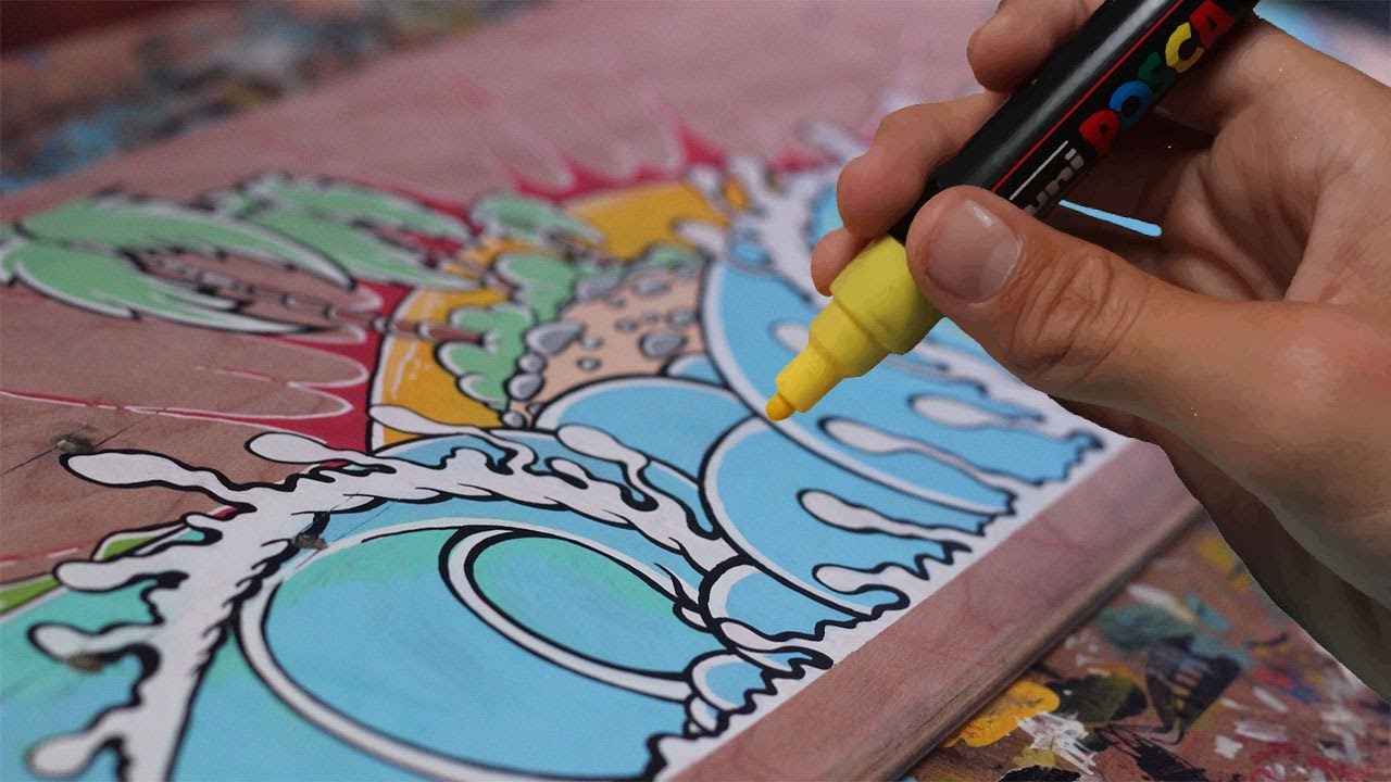 Travelling artist DRAWING with POSCA Pens | skateboard deck design (Sailing Catalpa)