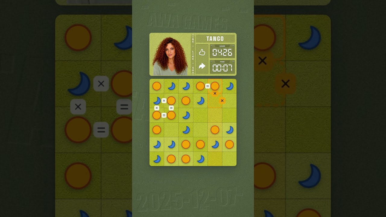 LinkedIn Tango #426 solved board for December 7, 2025, 6x6 grid