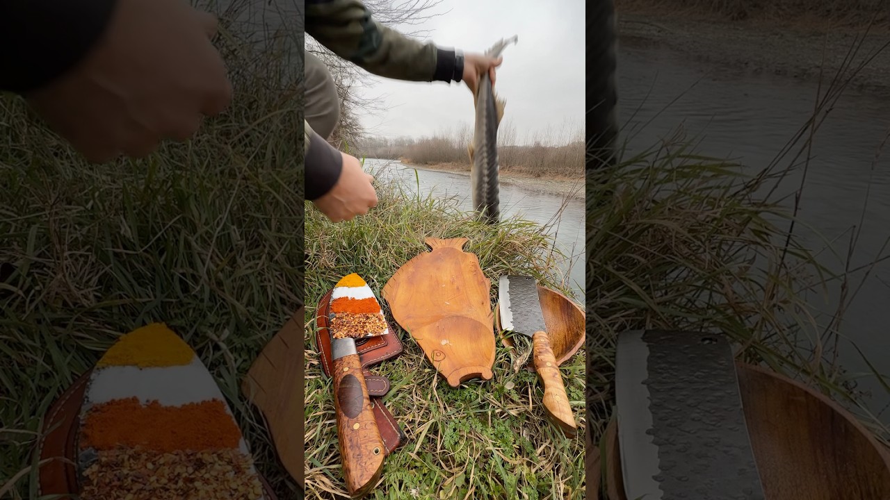 Пожарил осетра на костре на камне fish on fire on rock 