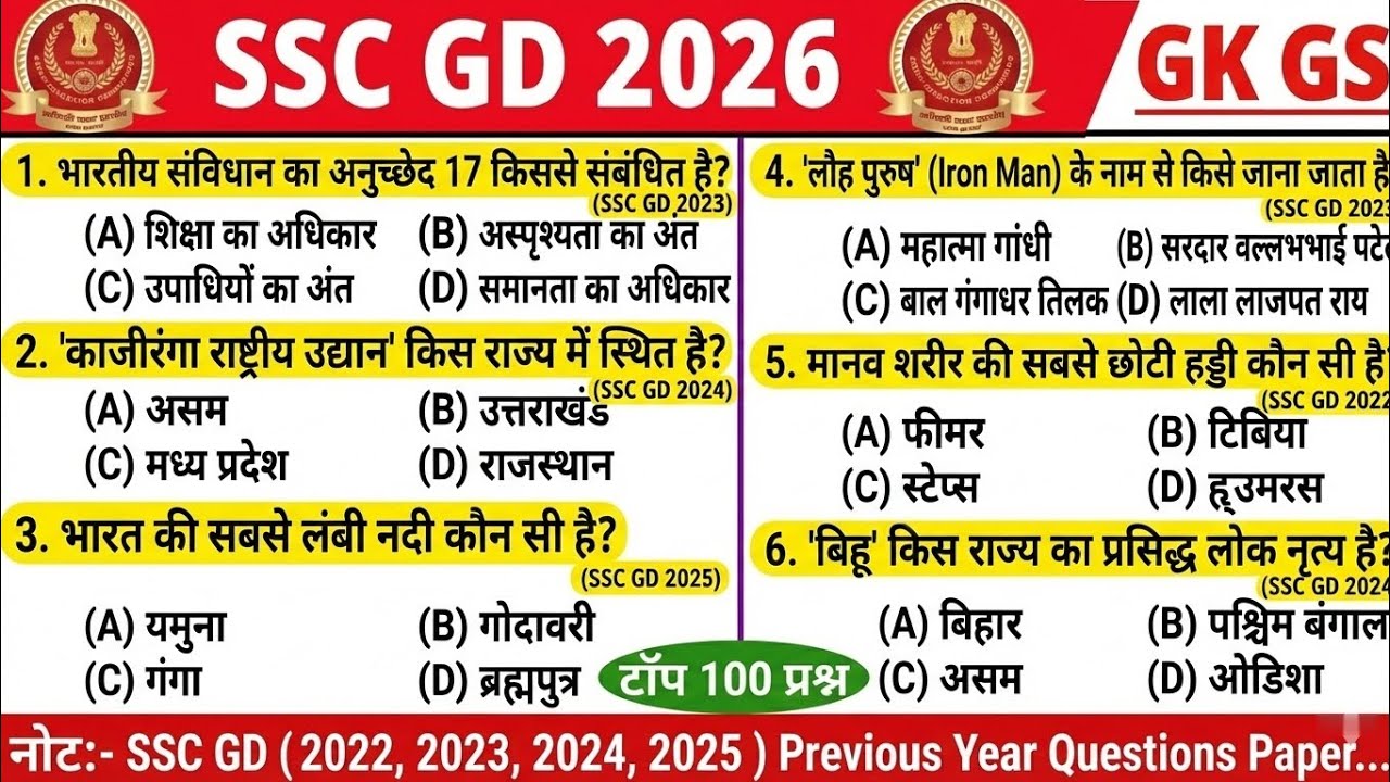 SSC GD 2026 GK GS Top 100 Most Important Questions | SSC GD Exam Latest Preparation |