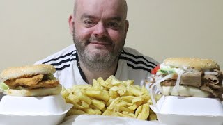Chicken burger kebab burger and mountain of chips 