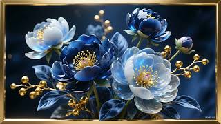 Luxury Blue Peony 3D Floral Art | 2 Hour Golden Frame TV Screensaver | 4K Luxury View