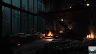 A quiet forest cabin surrounded by rain with warm fireplace sounds late at night