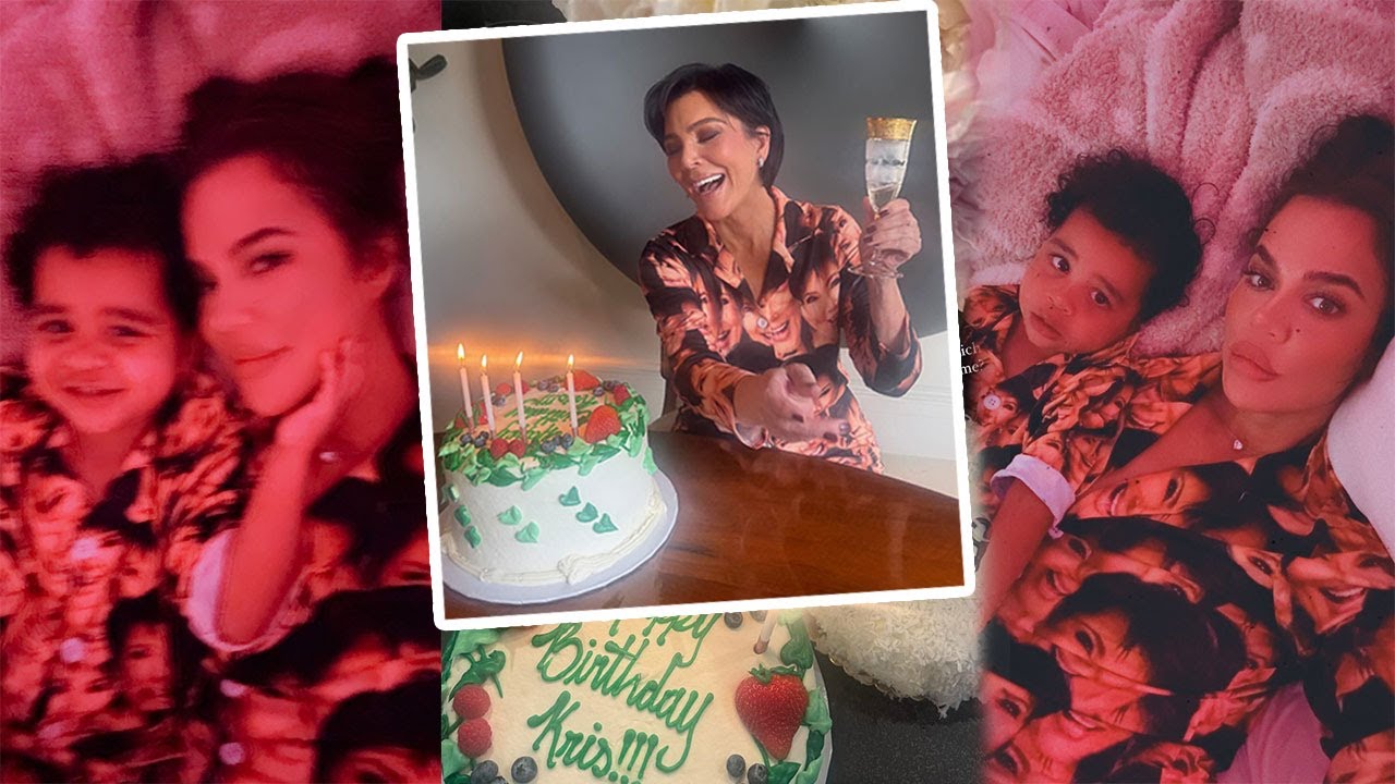 Khloe and Tatum wear matching Kris Jenner Themed Pajamas at Kris's 69th