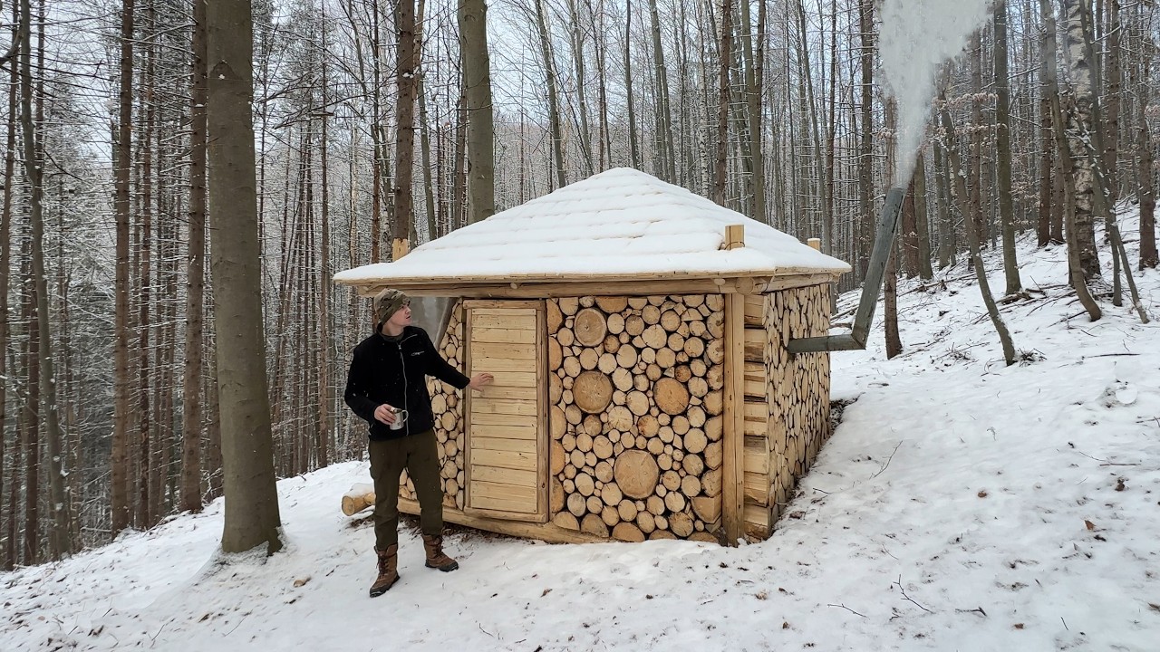 Building a Warm and Cozy Wooden House from Fallen Trees in the Forest ...