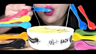 ASMR EATING VANILLA YOGURT WITH EDIBLE RAINBOW SPOON- MUKBANG- NO TALKING