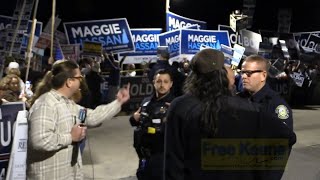 Scenes Outside US Senate Debate in NH: Kauffman Protest, Bolduc Lies to have Joa Arrested