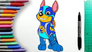How to Color Chase from Paw Patrol Mighty pups Step by Step Easy Coloring pages for Kids