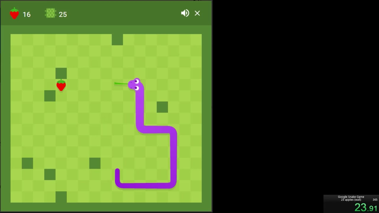 Google Snake Game - 25 apples (Wall) - 41.62 - YouTube