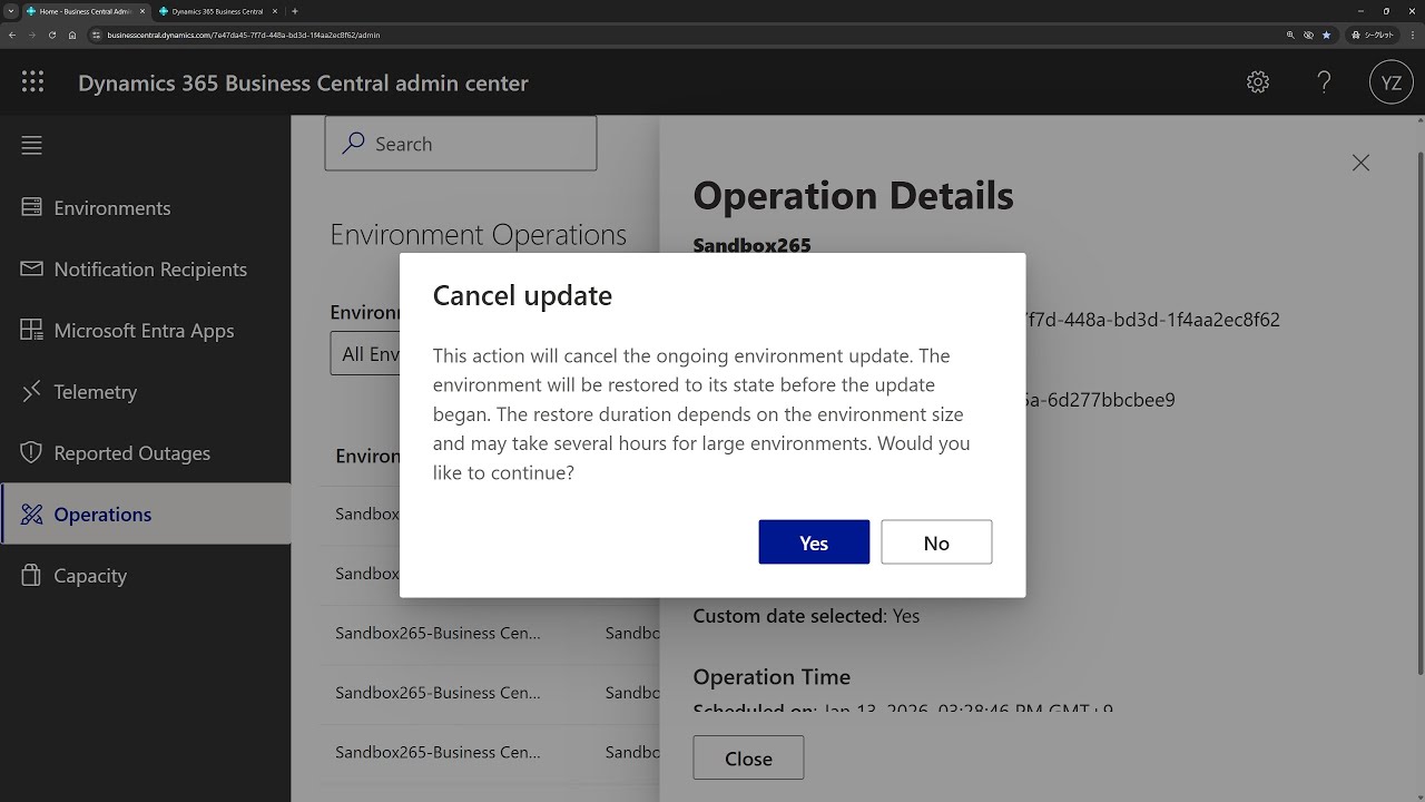 Business Central short video: Cancel running environment update