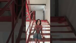 Spandex Spider Woman, Sitting On Stairs, Wide Hip