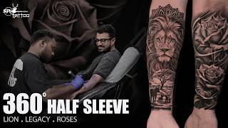 Lion & Rose Forearm Half Sleeve Tattoo | Black & Grey Realism