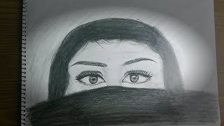 Drawing a girl hiding her face behind the black dress, only showing her eyes and her hair
