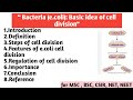 Bacteria e.coli | Basic idea of cell division | Step | Feature | Regulation of cell division 