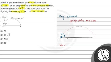 A ball is projected from point \(\mathrm{A}\) with velocity \(20 \mathrm{~ms}^{-1}\) at an angle....