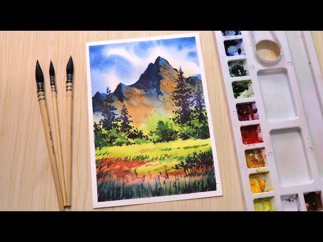 Beautiful nature landscape mountains hand draw watercolor background  9967668 Vector Art at Vecteezy