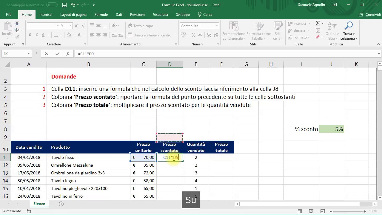Update Esercizio Excel - FORMULE